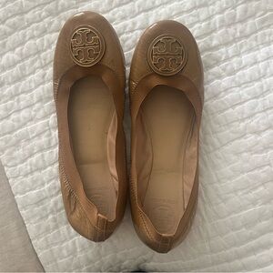 Tory Burch Tan Leather Flats with Medallion Logo